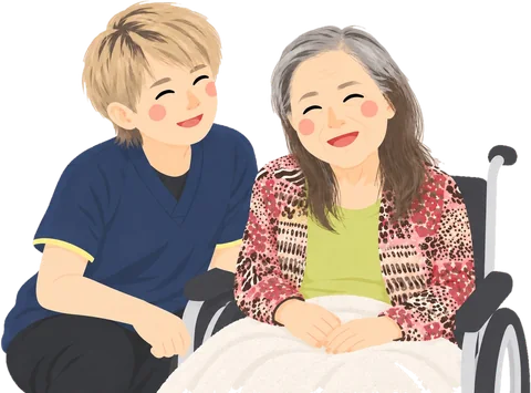 車いすのご入居者のそばで笑い合う職員のイラスト