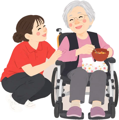 職員とご入居者が並んで食事を楽しむイラスト