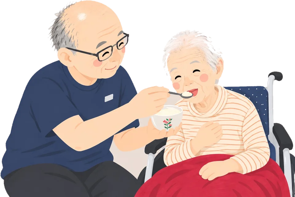 職員がご入居者の食事をお手伝いするイラスト
